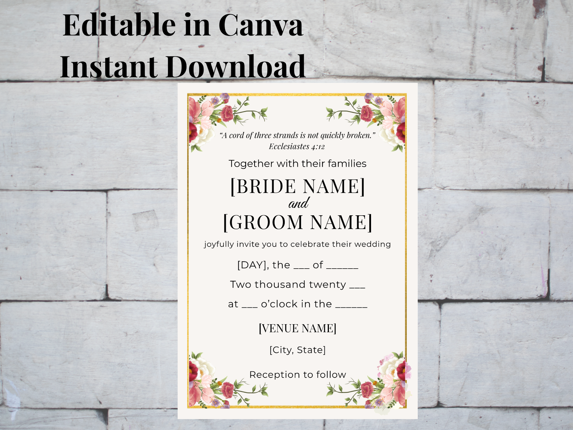 Editable Christian wedding invitation template with scripture elegant minimalist design