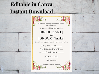 Editable Christian wedding invitation template with scripture elegant minimalist design