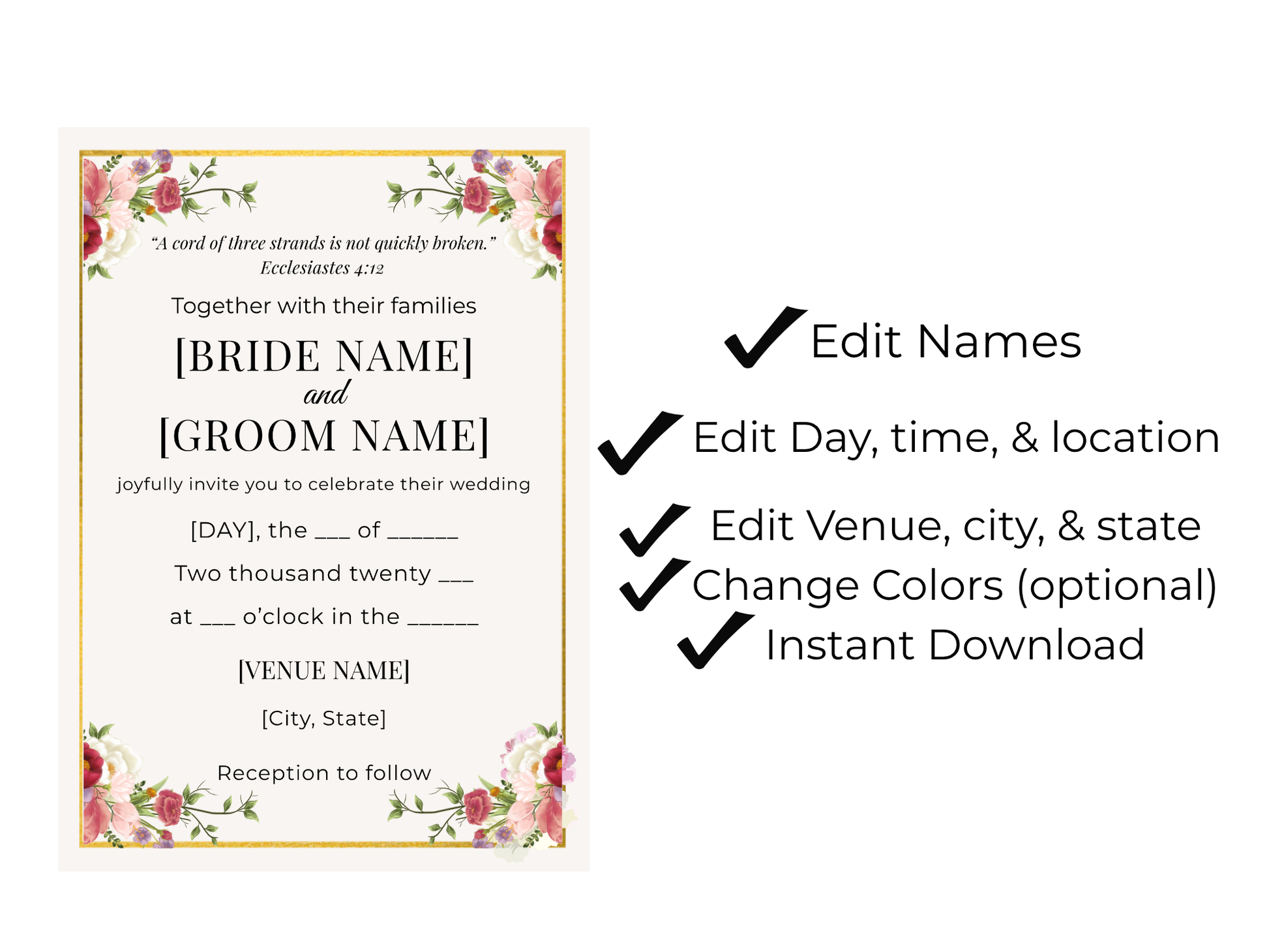 Editable Christian wedding invitation template with scripture elegant minimalist design