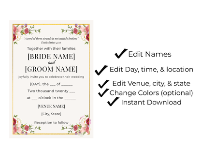 Editable Christian wedding invitation template with scripture elegant minimalist design