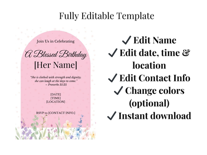Editable Christian birthday invitation template for women elegant faith-based digital invite