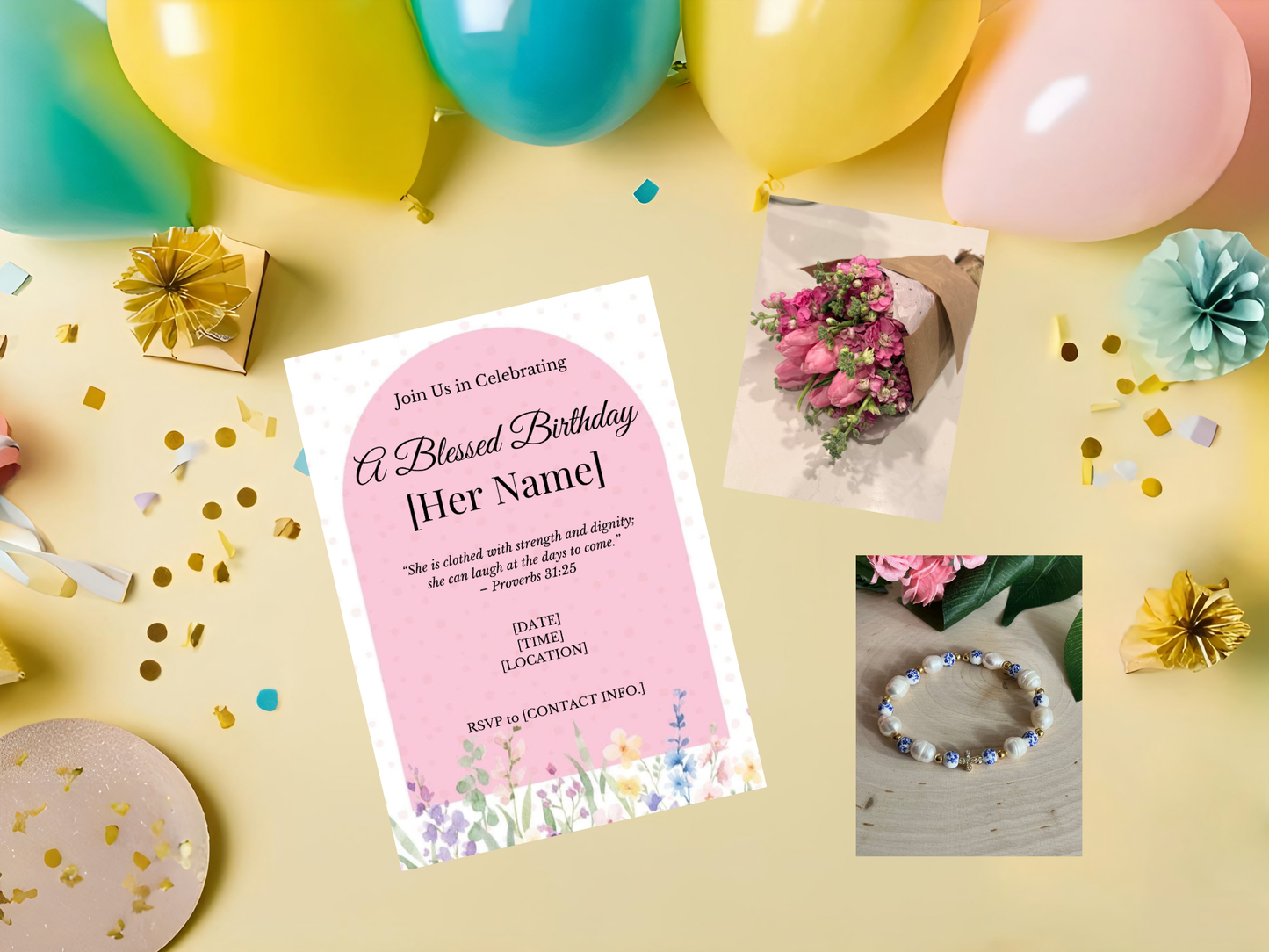 Editable Christian birthday invitation template for women elegant faith-based digital invite